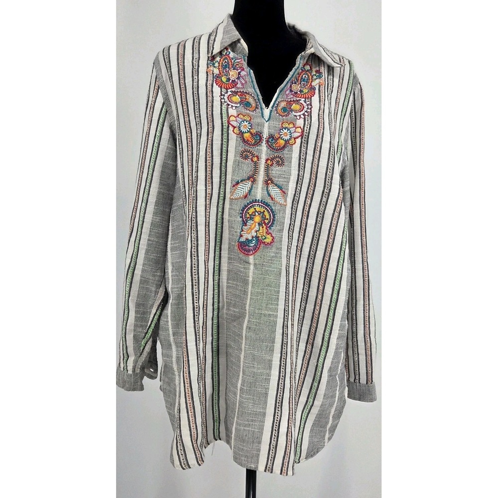Soft Surroundings Embroidered Tunic Large‎ Long Sleeve Pockets Embroidery Trim